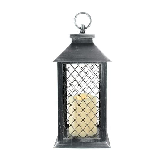 11&#x22; Silver Brushed Black Mesh Lantern with Flameless LED Candle